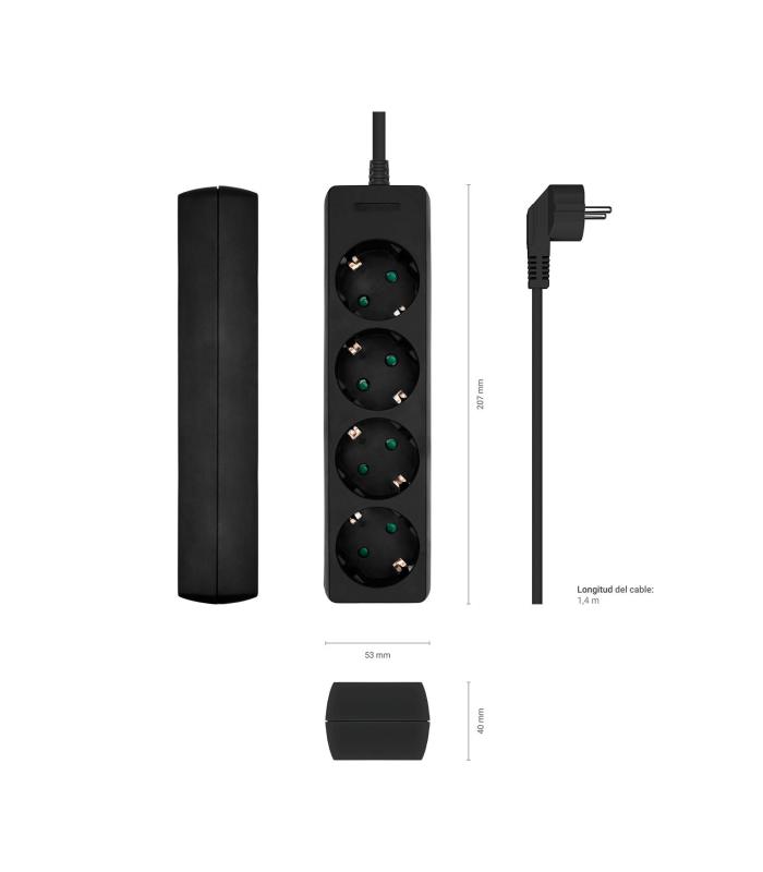 AISENS Base Multiple 4 Tomas Sin Interruptor Con Cable 3x1.5mm2, Negro, 1.4m