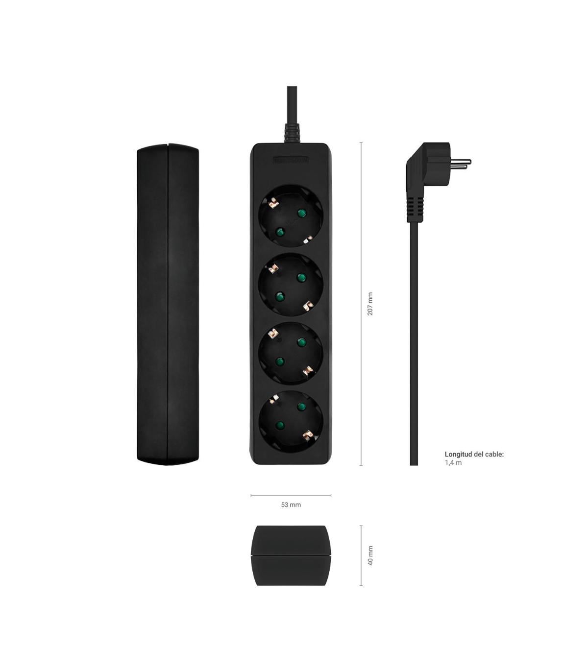 AISENS Base Multiple 4 Tomas Sin Interruptor Con Cable 3x1.5mm2, Negro, 1.4m