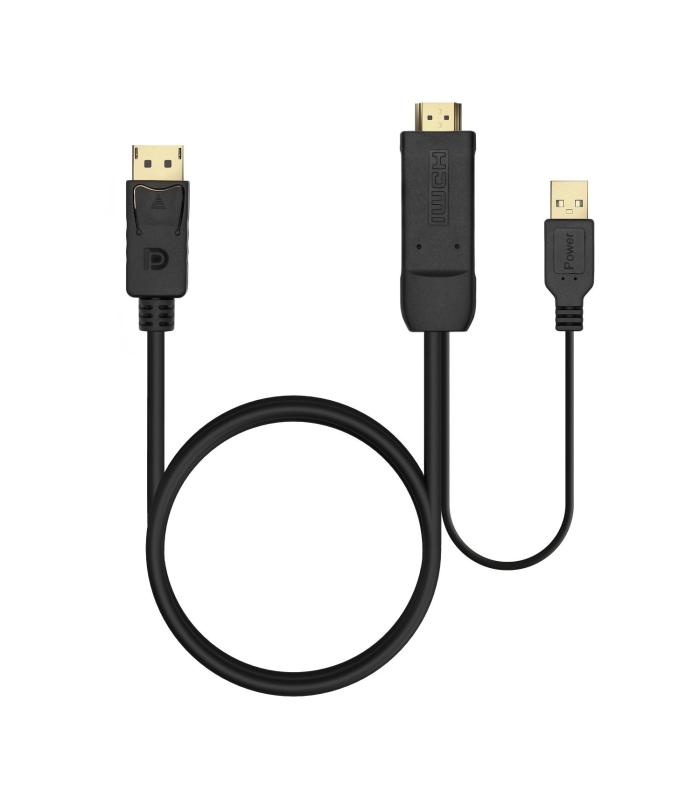AISENS Cable Conversor Activo HDMI 2.0 + USB Alim. a DISPLAYPORT V1.2, HDMI M-USB M-DP M, Negro, 1.8M