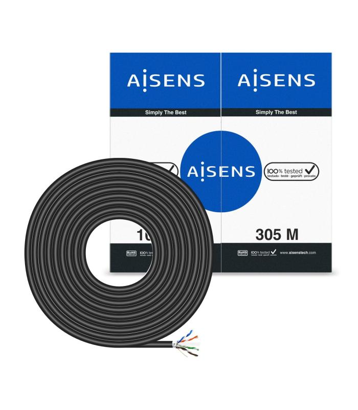 AISENS Cable de Red Exterior Impermeable RJ45 Cat.6 FTP Rigido AWG24, Negro, 305M