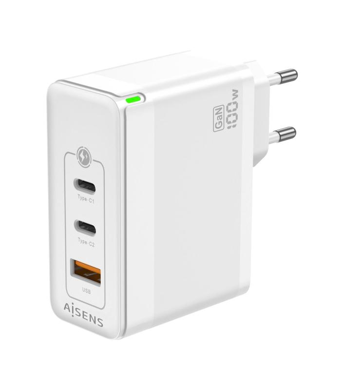 AISENS Cargador Gan 100W, 2xUSB-C PD3.0 QC4.0 QC5.0, 1xUSB-A QC3.0, Blanco