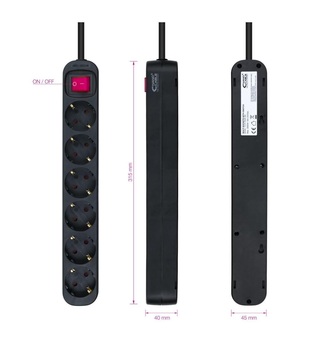 Nanocable Regleta de enchufes de 6 tomas con interruptor, 1.4 metros Negra