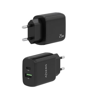 AISENS Cargador 25W, 1xUSB-C PD3.0, 1xUSB-A QC3.0, Negro