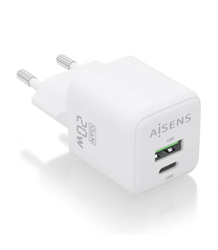 AISENS Cargador GaN 20W, 1xUSB-C PD3.0 QC4.0, 1xUSB-A QC3.0, Blanco