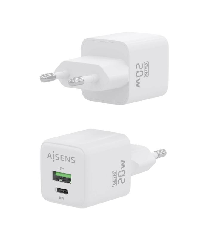 AISENS Cargador GaN 20W, 1xUSB-C PD3.0 QC4.0, 1xUSB-A QC3.0, Blanco