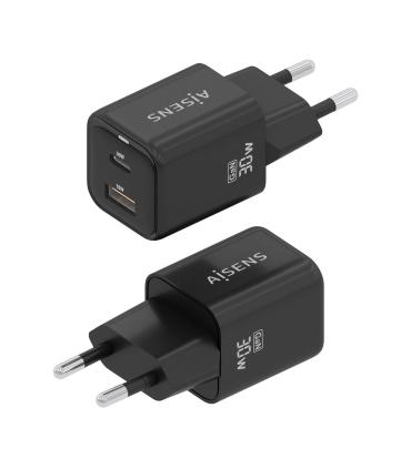 AISENS Cargador Gan 30W, 1xUSB-C PD3.0 QC4.0, 1xUSB-A QC3.0, Negro