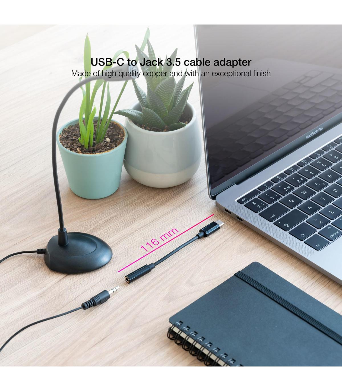 Nanocable Cable Adaptador Audio USB-C M a Jack 3.5 H, 11 cm, Negro