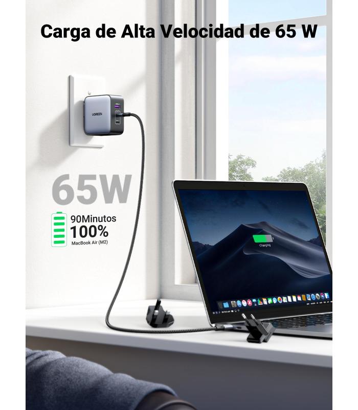 Ugreen 65W Nexode GaN Auriculares, Teléfono móvil, Portátil, Reloj inteligente, Tableta Gris USB Carga rápida Interior
