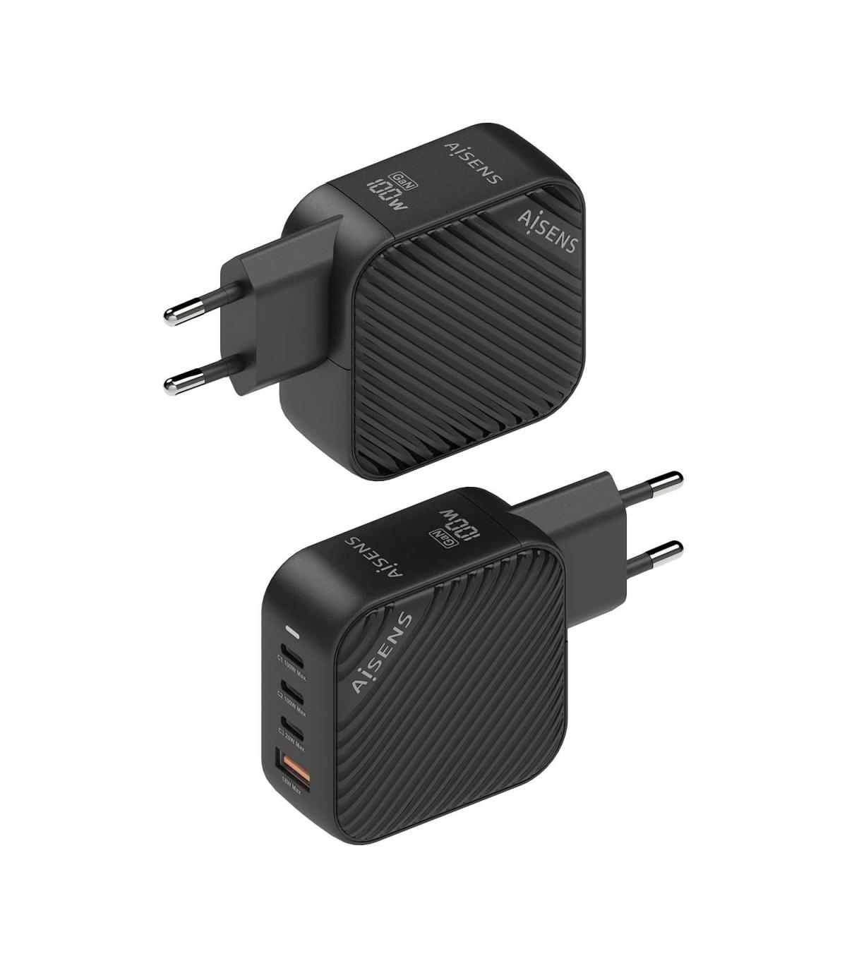 AISENS Cargador GaN 100W, 3xUSB-C PD3.0 QC4.0, 1xUSB-A QC3.0, Negro