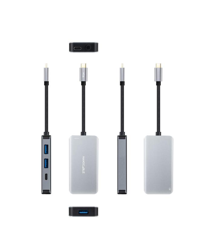 Nanocable HUB USB-C 5 en 1, Conversor 3.2 GEN1 5G a 3 x USB-A 3.0 + USB-C + USB-C PD 100W, Aluminio, 15 cm, Gris