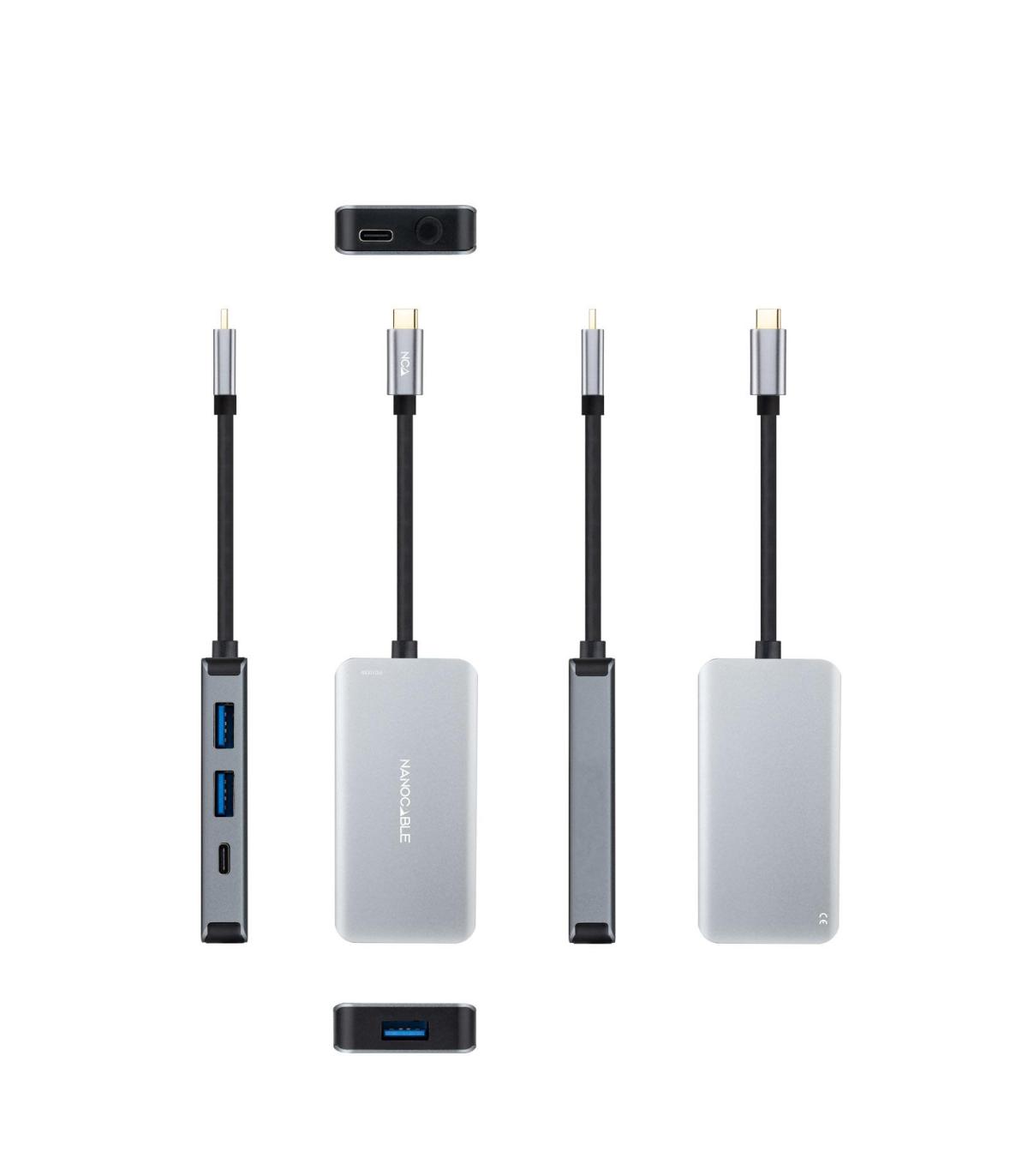Nanocable HUB USB-C 5 en 1, Conversor 3.2 GEN1 5G a 3 x USB-A 3.0 + USB-C + USB-C PD 100W, Aluminio, 15 cm, Gris