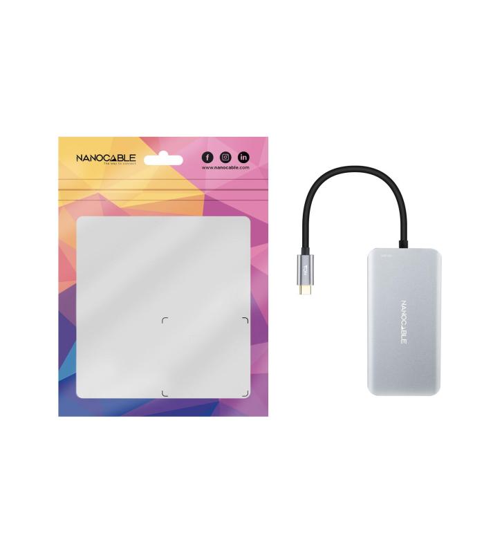 Nanocable HUB USB-C 5 en 1, Conversor 3.2 GEN1 5G a 3 x USB-A 3.0 + USB-C + USB-C PD 100W, Aluminio, 15 cm, Gris