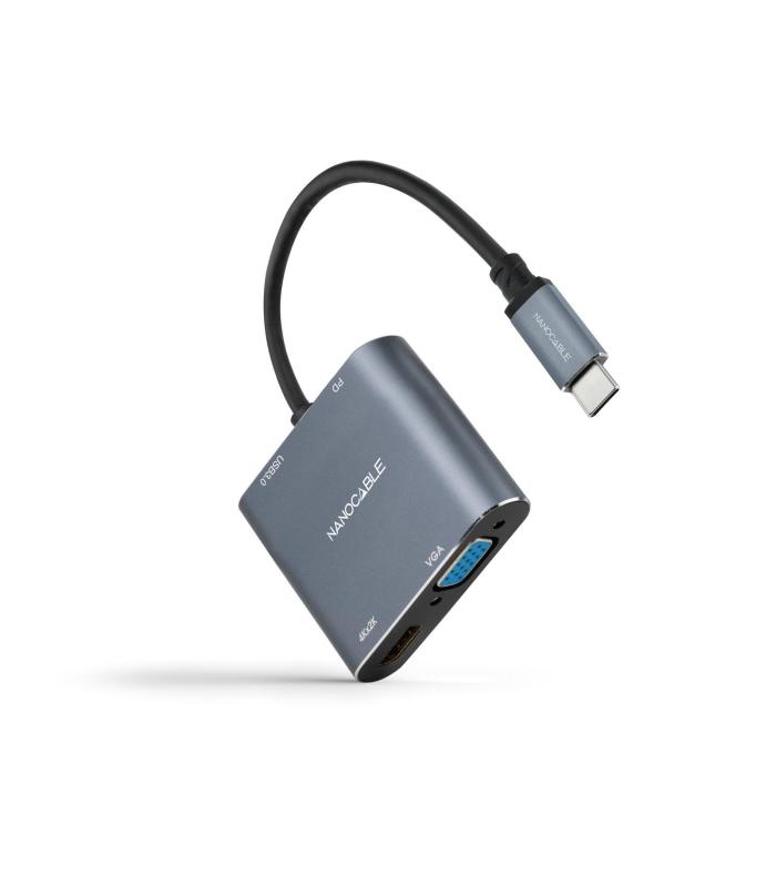 Nanocable Conversor USB-C a HDMI VGA USB3.0 PD 15 cm, Gris