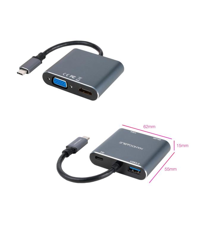 Nanocable Conversor USB-C a HDMI VGA USB3.0 PD 15 cm, Gris