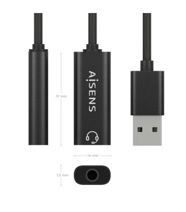 AISENS Conversor USB-A a Audio 48KHz, USB-A M-Jack 3.5 H, Negro, 10 cm