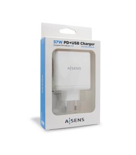 AISENS Cargador 57 W, 1x USB-C PD3.0 45 W, 1x USB-A 5 V   2.4 A 12 W, Blanco