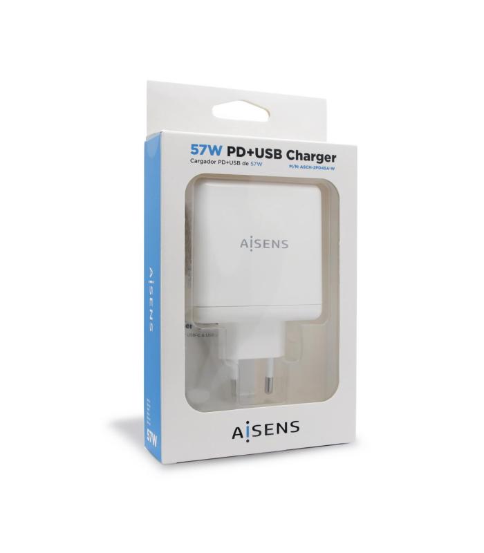 AISENS Cargador 57 W, 1x USB-C PD3.0 45 W, 1x USB-A 5 V   2.4 A 12 W, Blanco