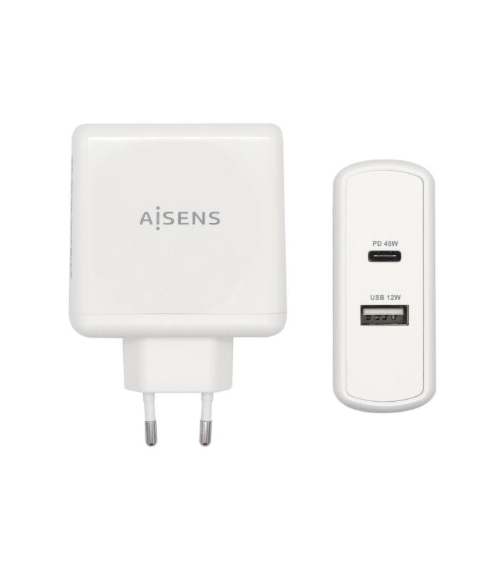 AISENS Cargador 57 W, 1x USB-C PD3.0 45 W, 1x USB-A 5 V   2.4 A 12 W, Blanco