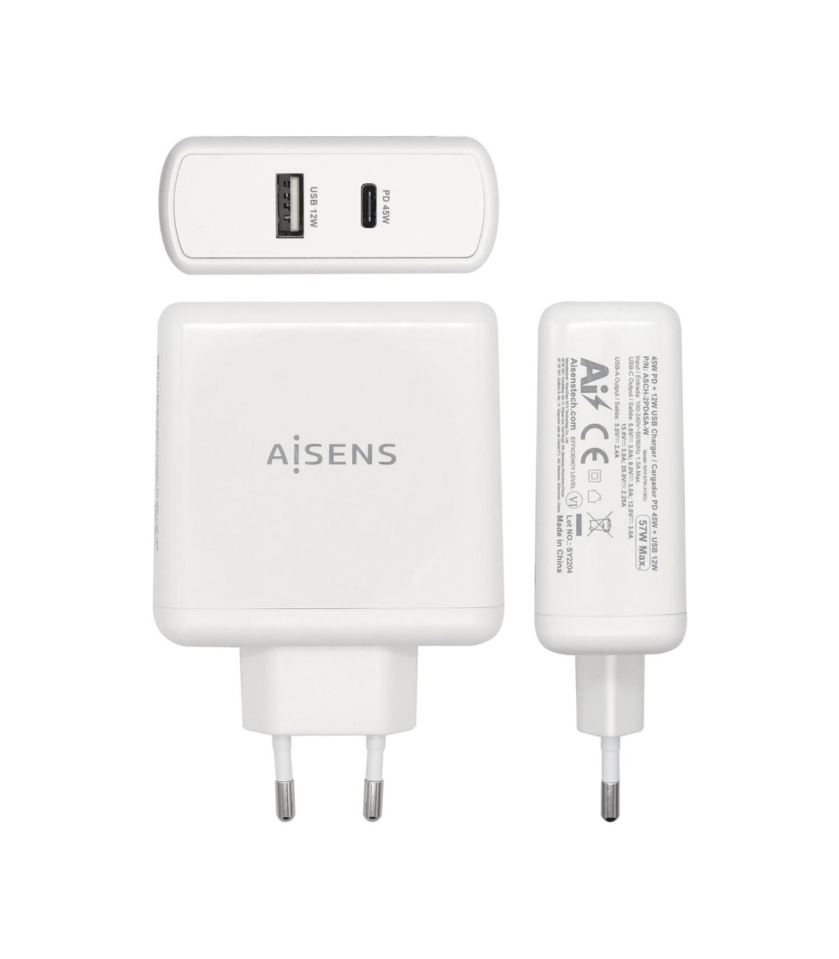 AISENS Cargador 57 W, 1x USB-C PD3.0 45 W, 1x USB-A 5 V   2.4 A 12 W, Blanco