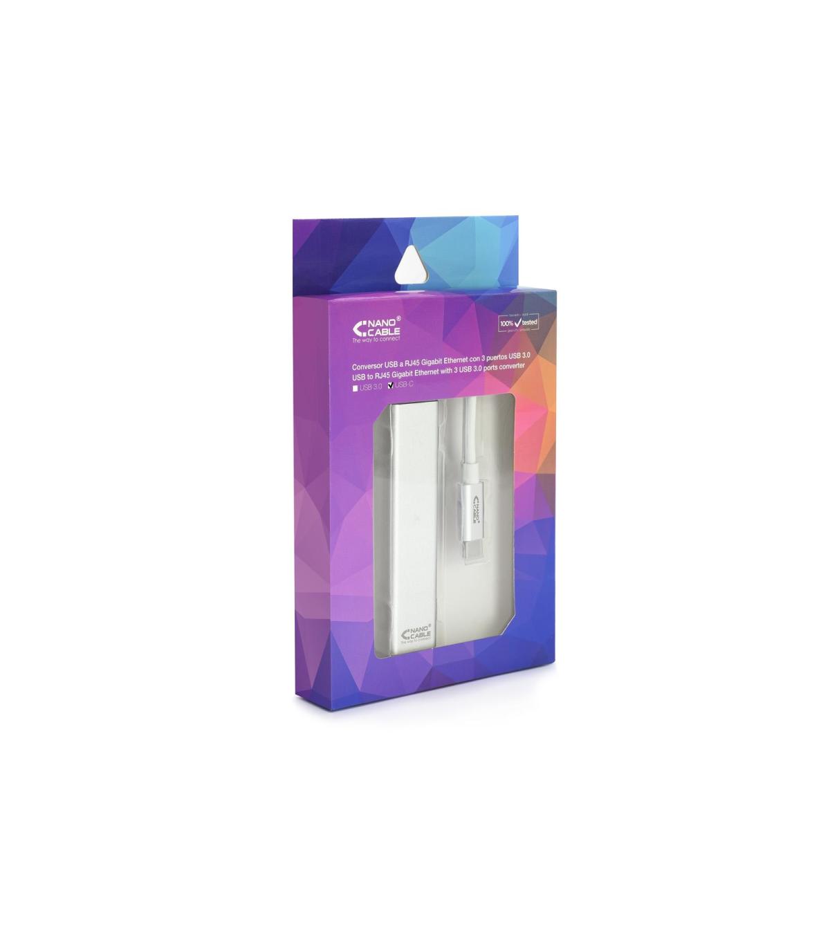 Nanocable Conversor USB-C a Ethernet Gigabit + 3xUSB 3.0, Plata, 15 cm