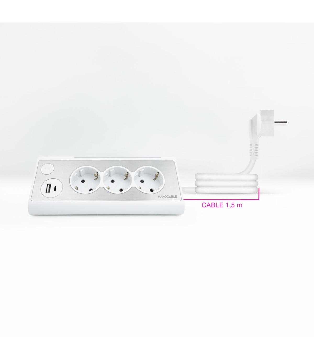 Nanocable Regleta de Sobremesa con 3 Tomas de Tierra y 2 USB´s con Luz, Blanco