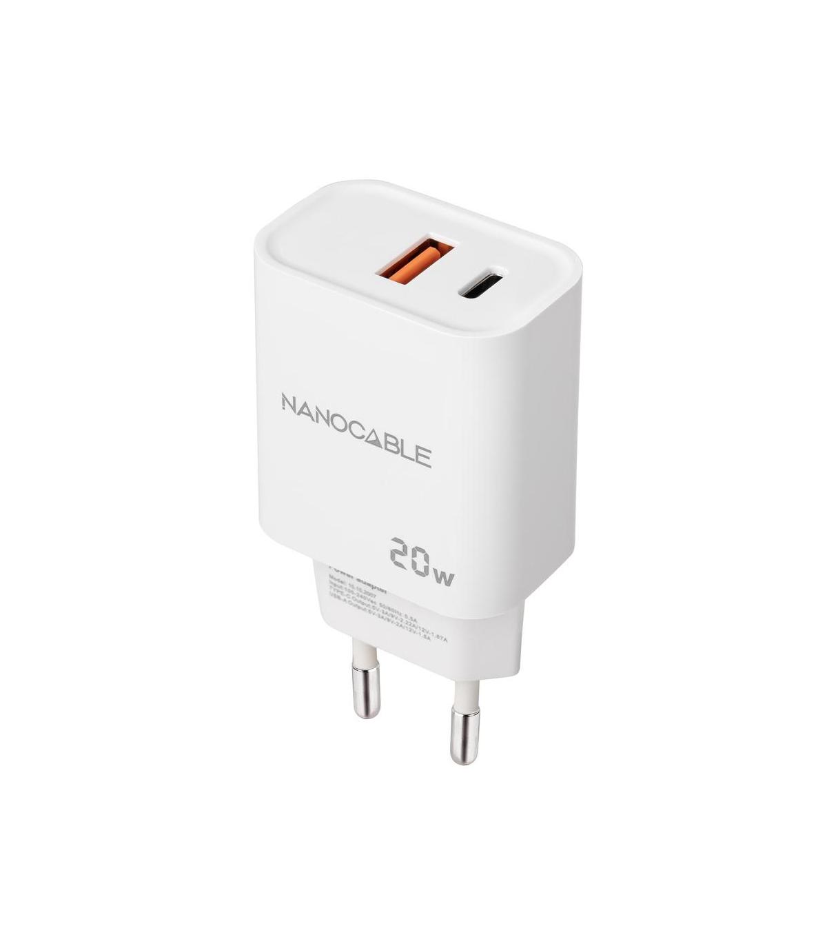 Nanocable Cargador USB-C PD + USB-A QC 20W, Blanco