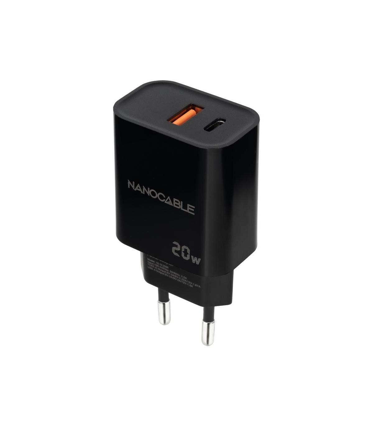 Nanocable Cargador USB-C PD + USB-A QC 20W, Negro