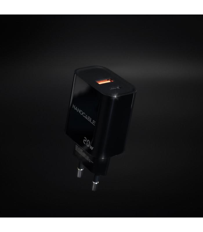 Nanocable Cargador USB-C PD + USB-A QC 20W, Negro