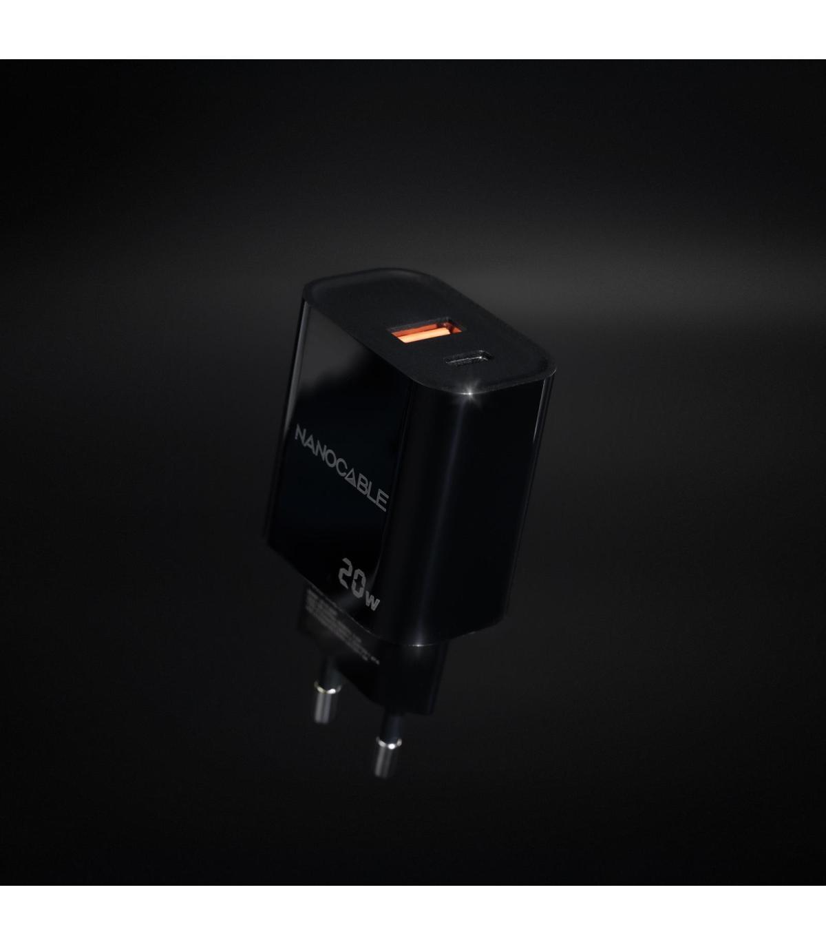 Nanocable Cargador USB-C PD + USB-A QC 20W, Negro