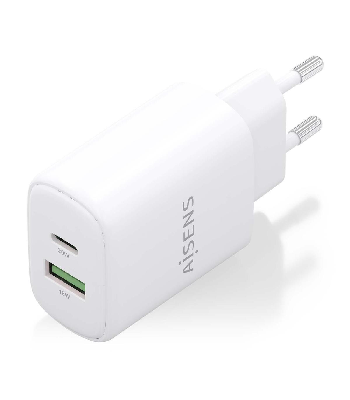 AISENS Cargador GaN 20W, 1xUSB-C PD3.0, 1xUSB-A QC3.0, Blanco