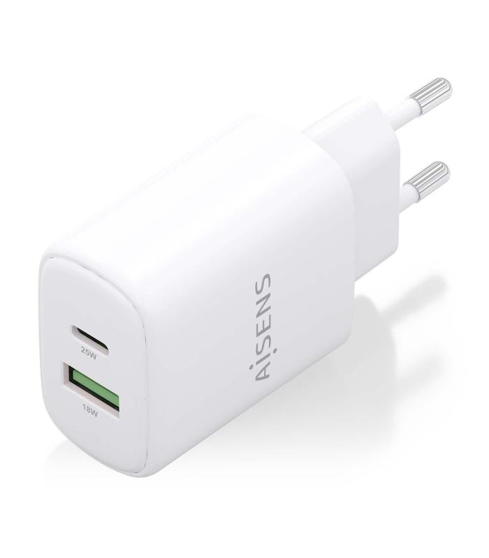AISENS Cargador GaN 25W, 1xUSB-C PD3.0, 1xUSB-A QC3.0, Blanco