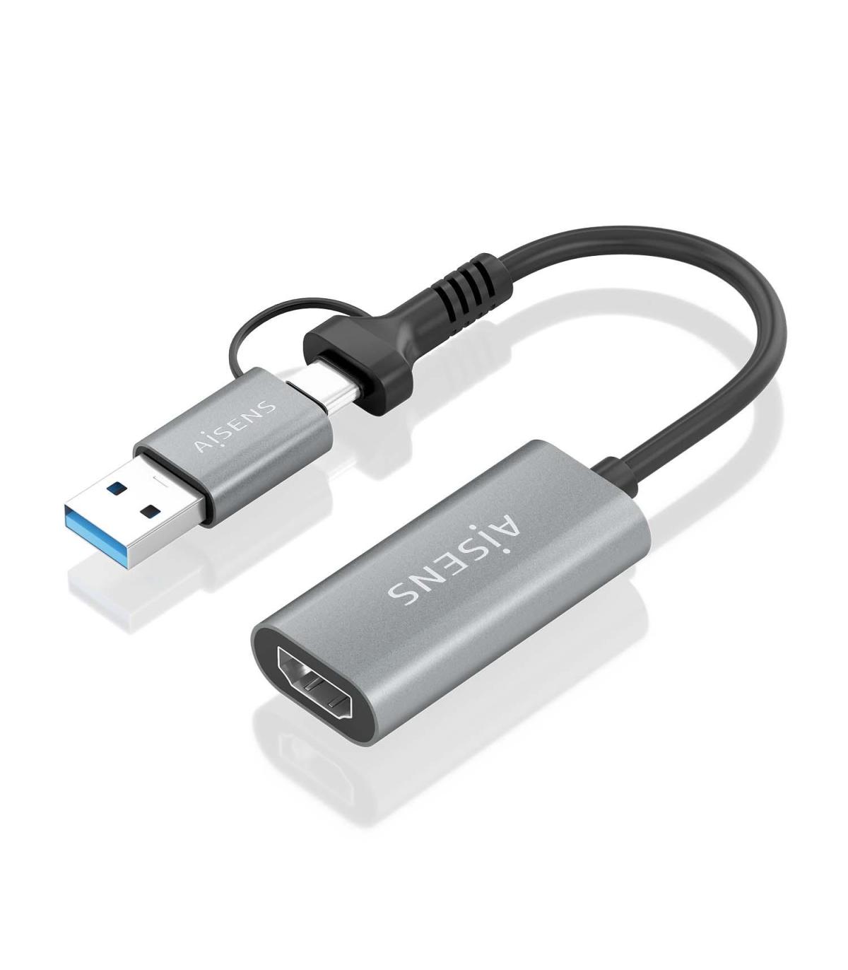 AISENS Conversor Aluminio USB-A+USB-C A HDMI 1080P@60Hz, USB-A M+USB-C M-HDMI H, Gris, 15cm
