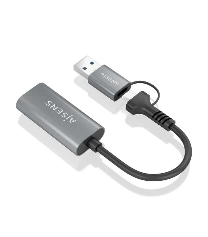 AISENS Conversor Aluminio USB-A+USB-C A HDMI 1080P@60Hz, USB-A M+USB-C M-HDMI H, Gris, 15cm