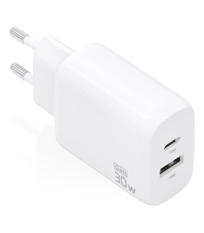 Cargador GaN De Pared Aisens A110-0923  1xUSB Tipo-C  1xUSB  30W  Blanco