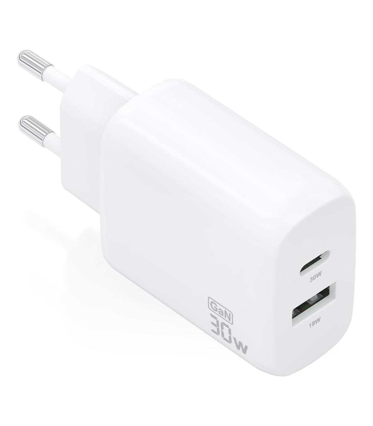 Cargador GaN De Pared Aisens A110-0923  1xUSB Tipo-C  1xUSB  30W  Blanco