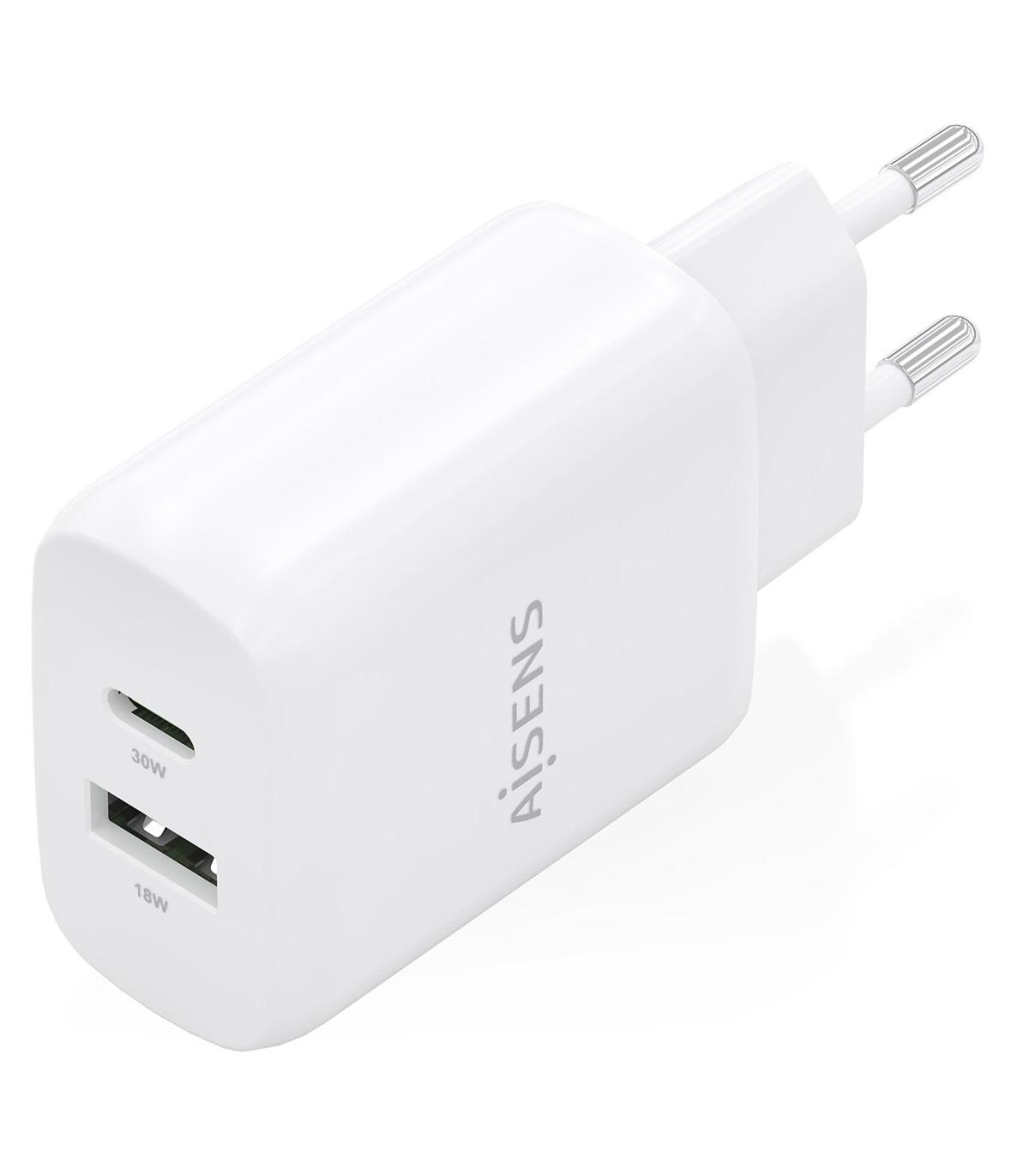 Cargador GaN De Pared Aisens A110-0923  1xUSB Tipo-C  1xUSB  30W  Blanco