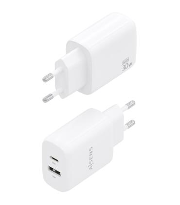 Cargador GaN De Pared Aisens A110-0923  1xUSB Tipo-C  1xUSB  30W  Blanco