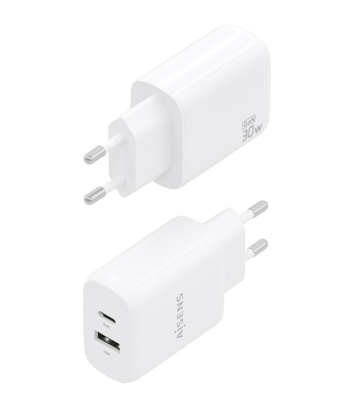 Cargador GaN De Pared Aisens A110-0923  1xUSB Tipo-C  1xUSB  30W  Blanco