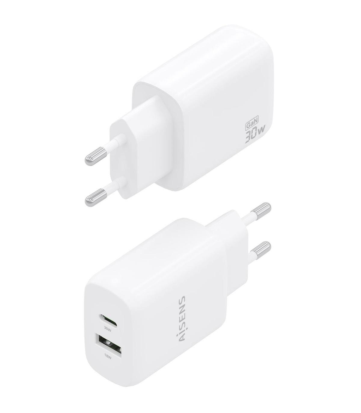 Cargador GaN De Pared Aisens A110-0923  1xUSB Tipo-C  1xUSB  30W  Blanco