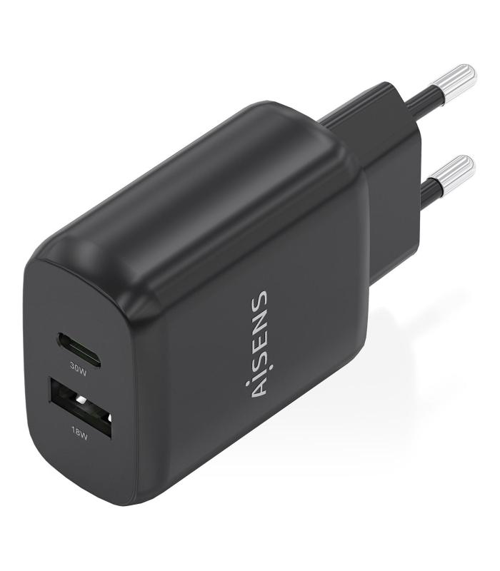 Cargador GaN De Pared Aisens A110-0924  1xUSB Tipo-C  1xUSB  30W  Negro