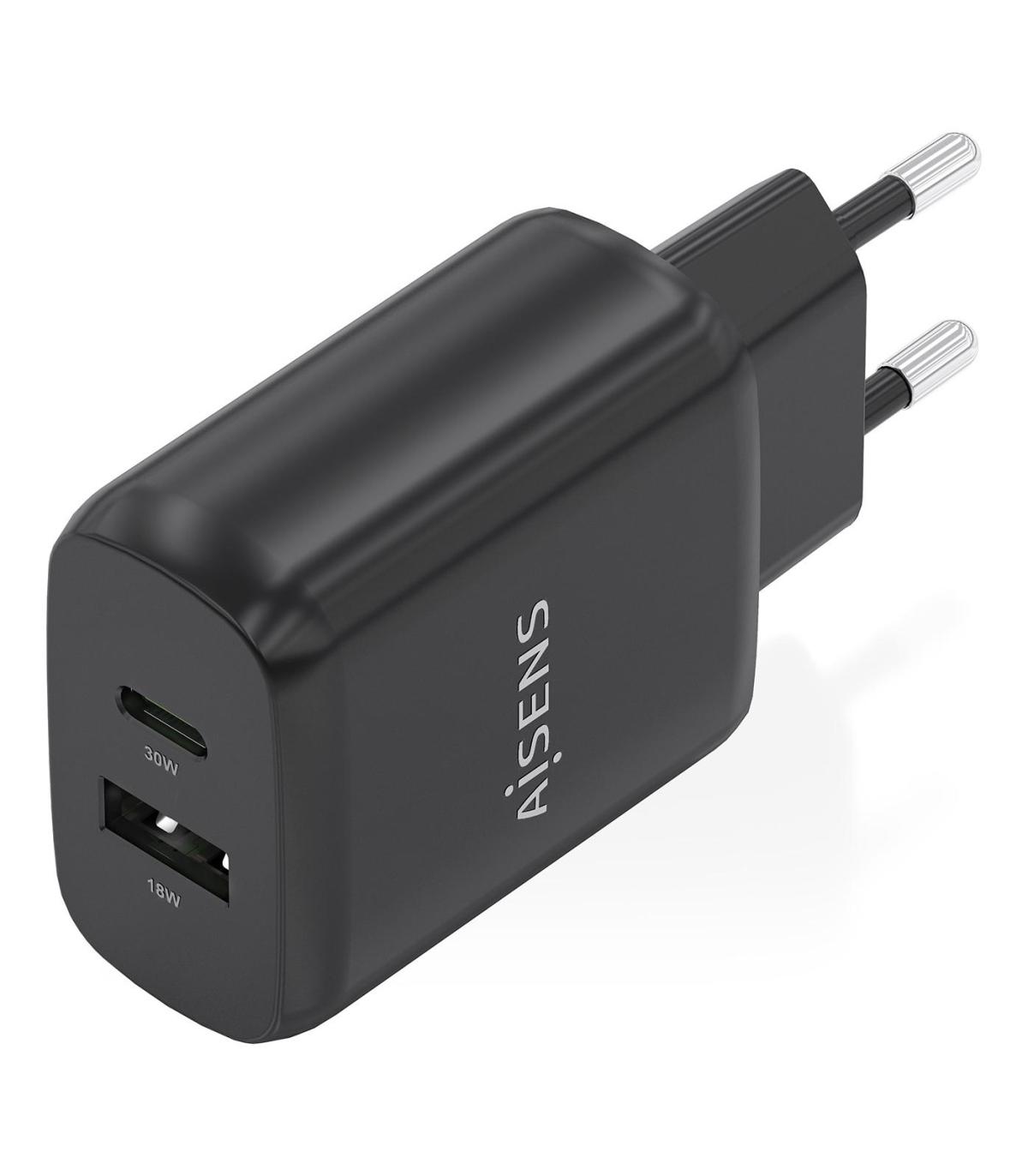 Cargador GaN De Pared Aisens A110-0924  1xUSB Tipo-C  1xUSB  30W  Negro