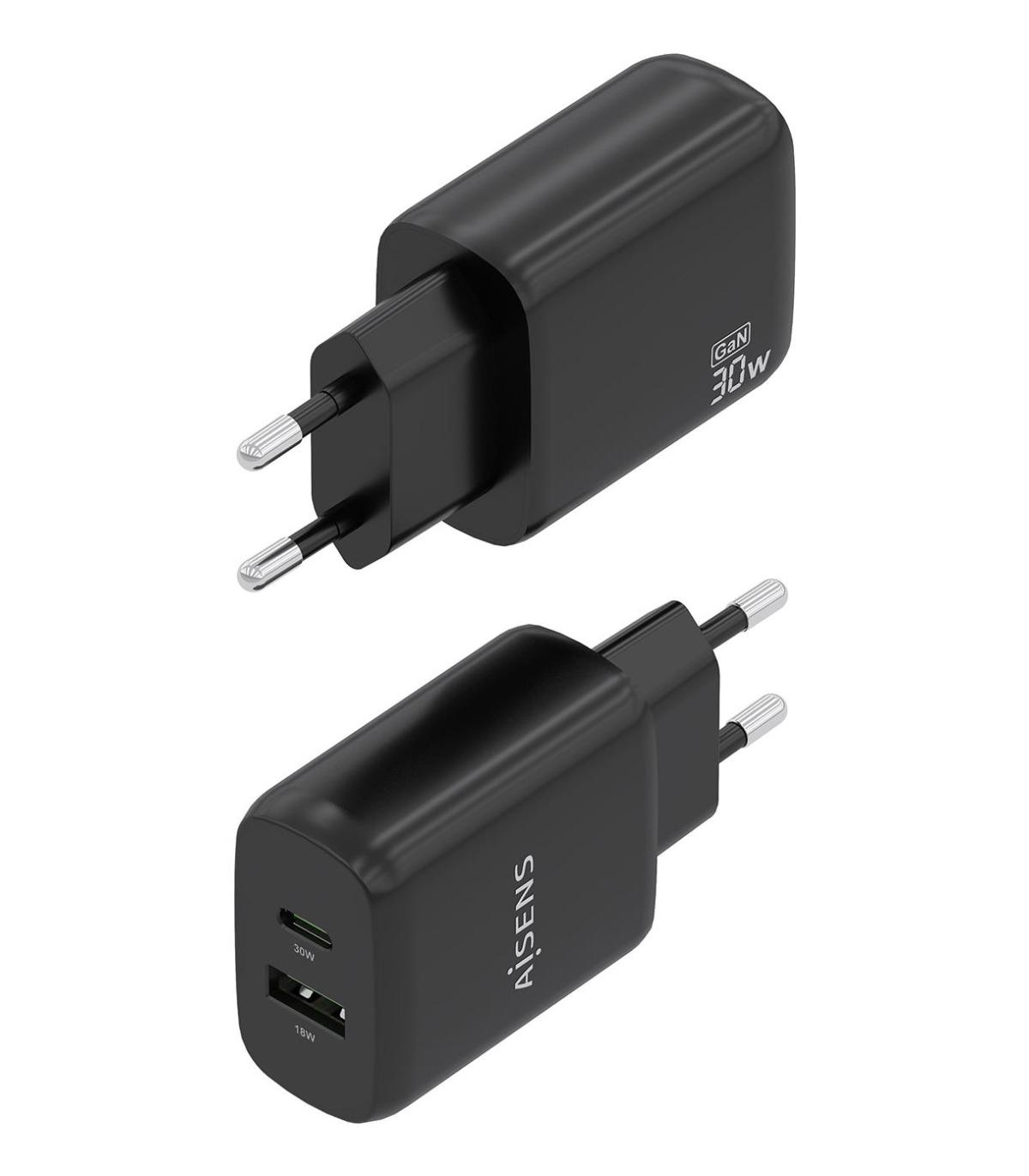 Cargador GaN De Pared Aisens A110-0924  1xUSB Tipo-C  1xUSB  30W  Negro