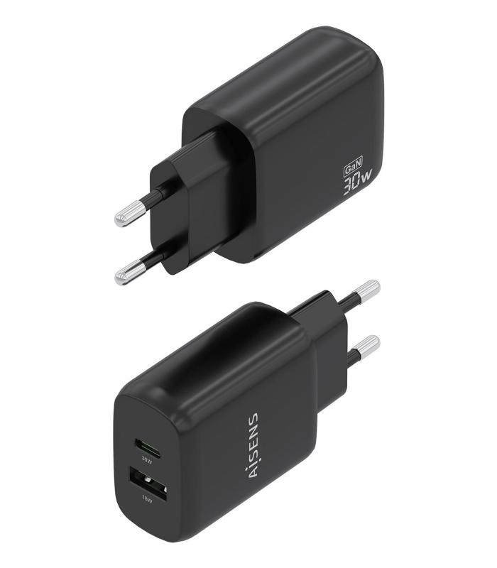 Cargador GaN De Pared Aisens A110-0924  1xUSB Tipo-C  1xUSB  30W  Negro