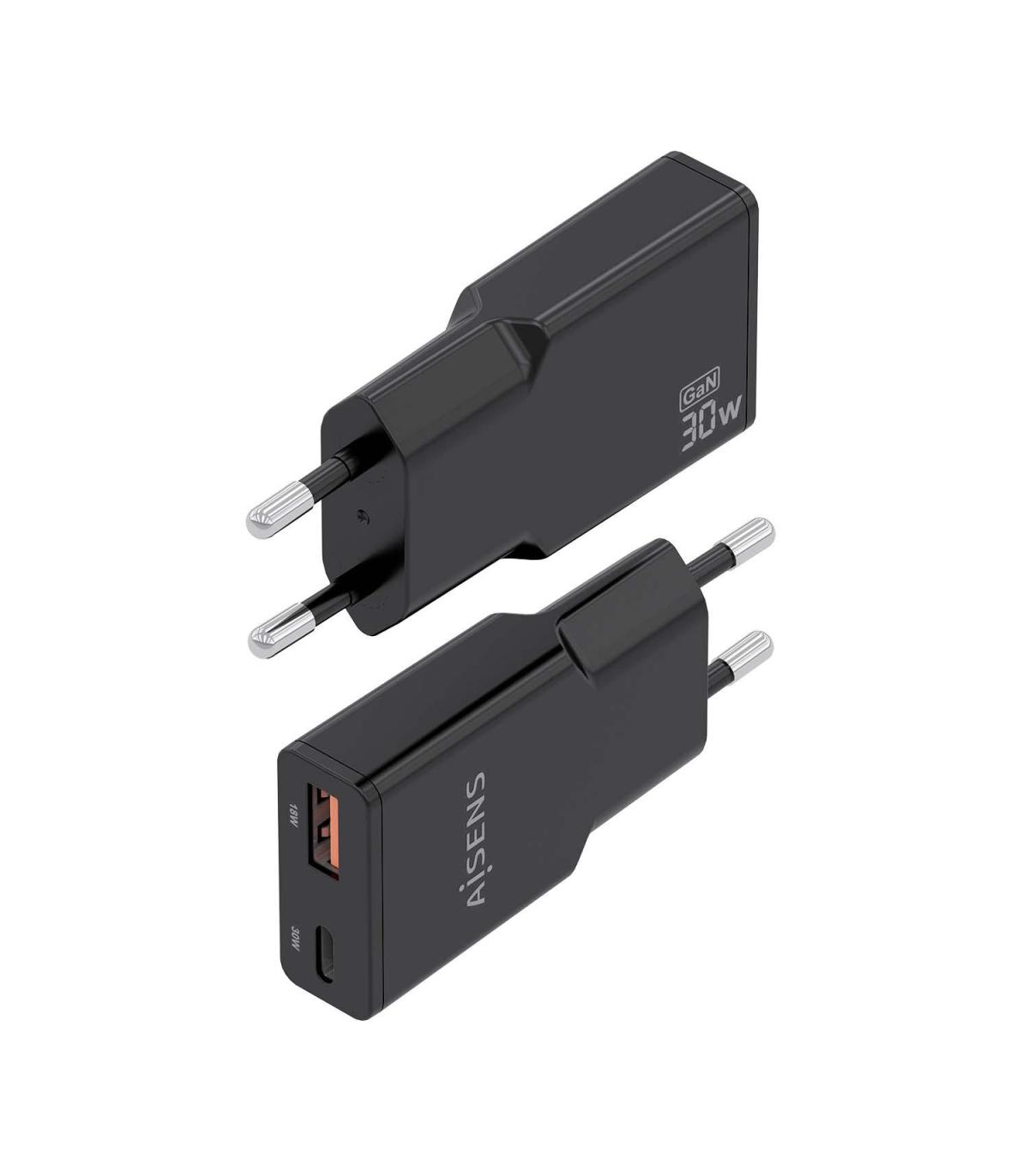Cargador GaN De Pared Aisens ASCH-30W2P047-BK  1xUSB Tipo-C  1xUSB  30W