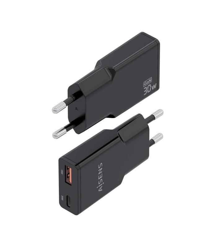 Cargador GaN De Pared Aisens ASCH-30W2P047-BK  1xUSB Tipo-C  1xUSB  30W