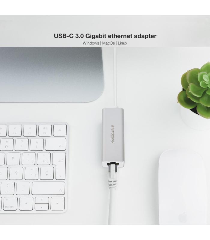 Nanocable - Tarjeta De Red Ethernet Gigabit 10 100 1000 - Conexin USB-C M A RJ45 H - 15CM - Blanco