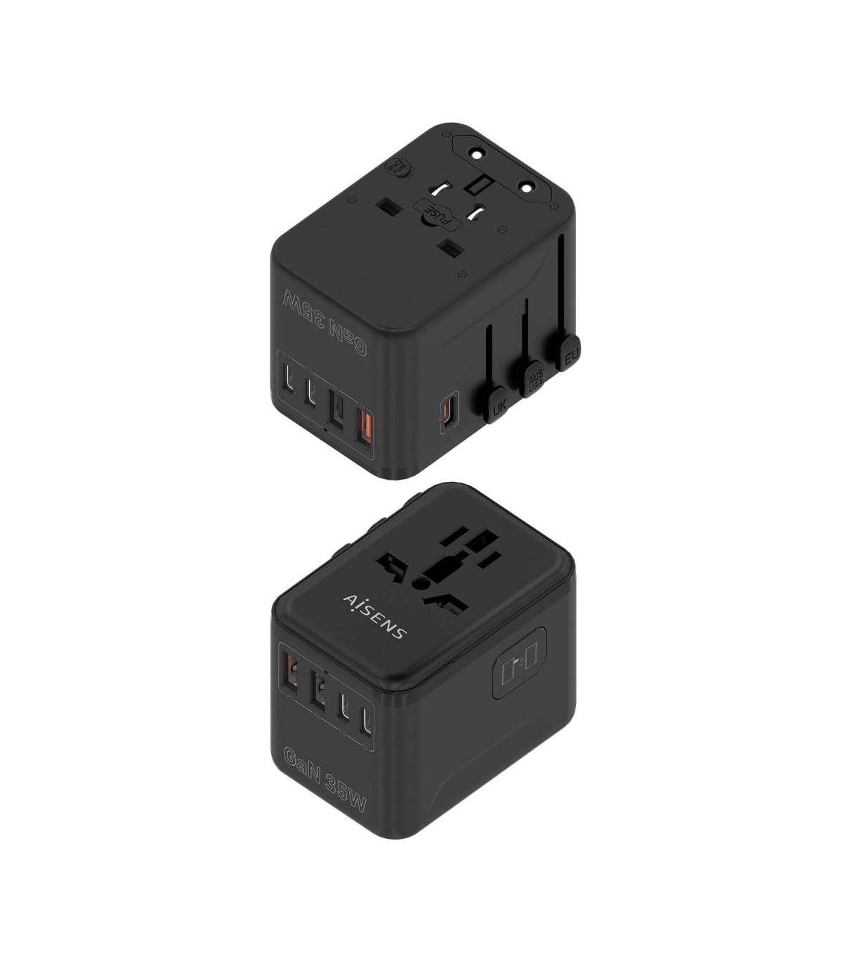 Cargador De Pared Universal GaN Aisens ASPS-2A3C09-BK  Toma De Corriente Universal  3xUSB Tipo-C  2xUSB  35W