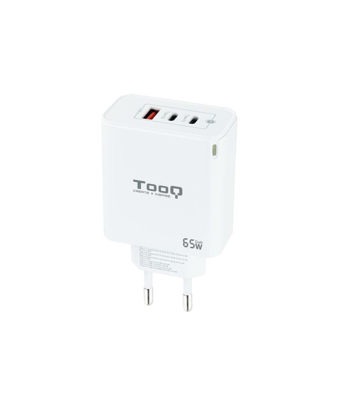 Cargador De Pared GaN TooQ TQWC-GANQC2PD65WT  2xUSB Tipo-C  1xUSB  65W