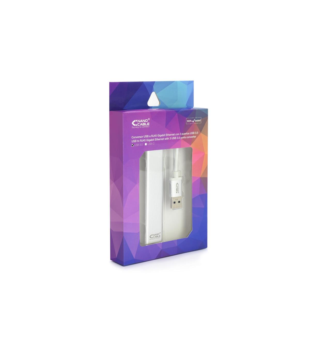 Conversor USB 3.0 A Ethernet Gigabit RJ45 + 3xUSB 3.0 - Plata - 15 Cm