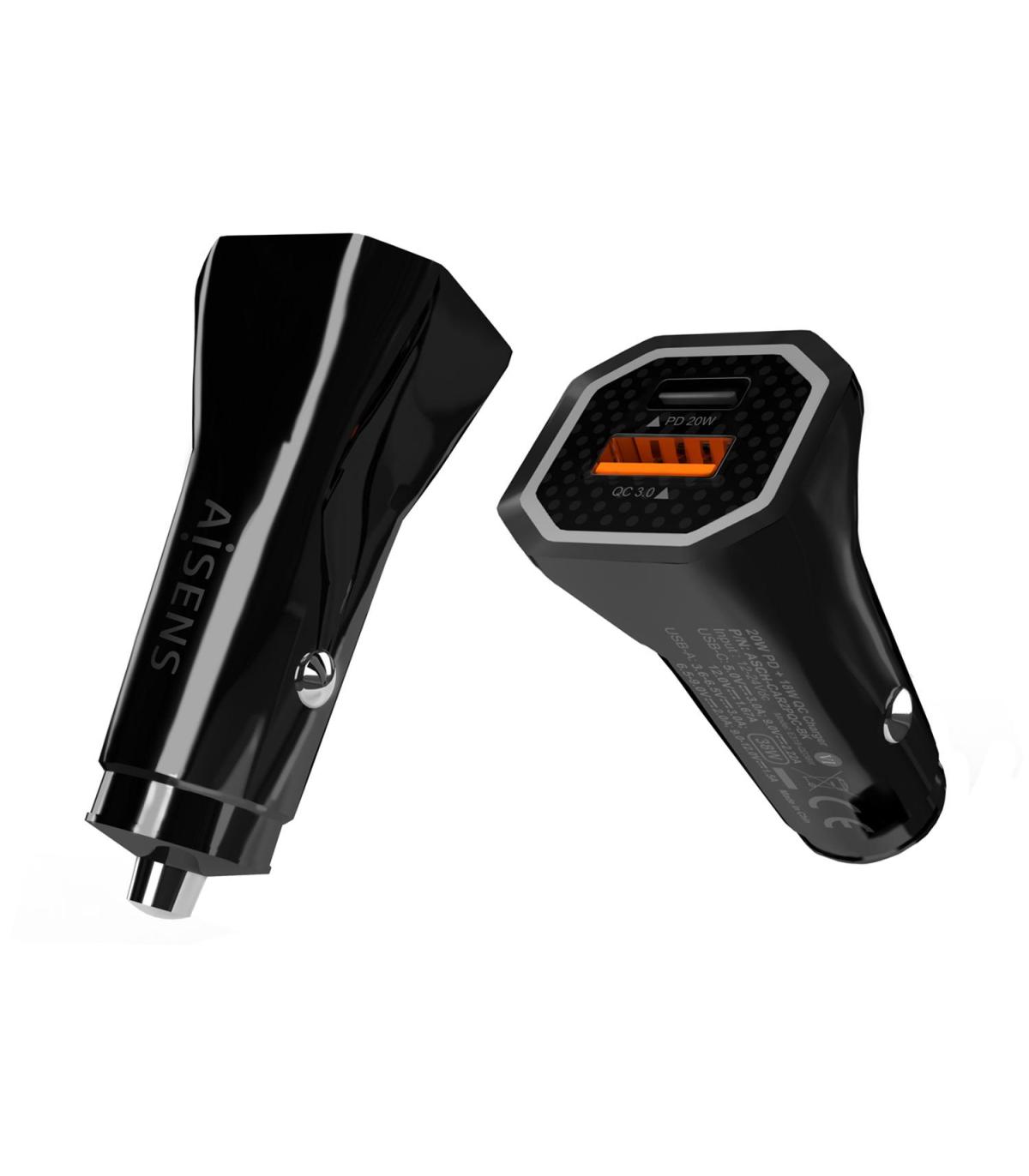 Cargador De Coche Aisens ASCH-CAR2PQC-BK  1xUSB-Tipo C  1xUSB  38W